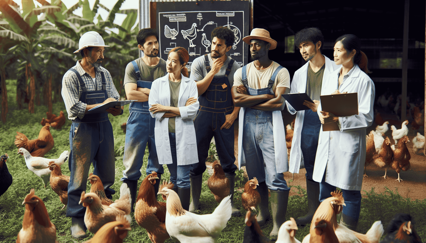 Farmári a vedci diskutujúci o stratégiách chovu hydiny