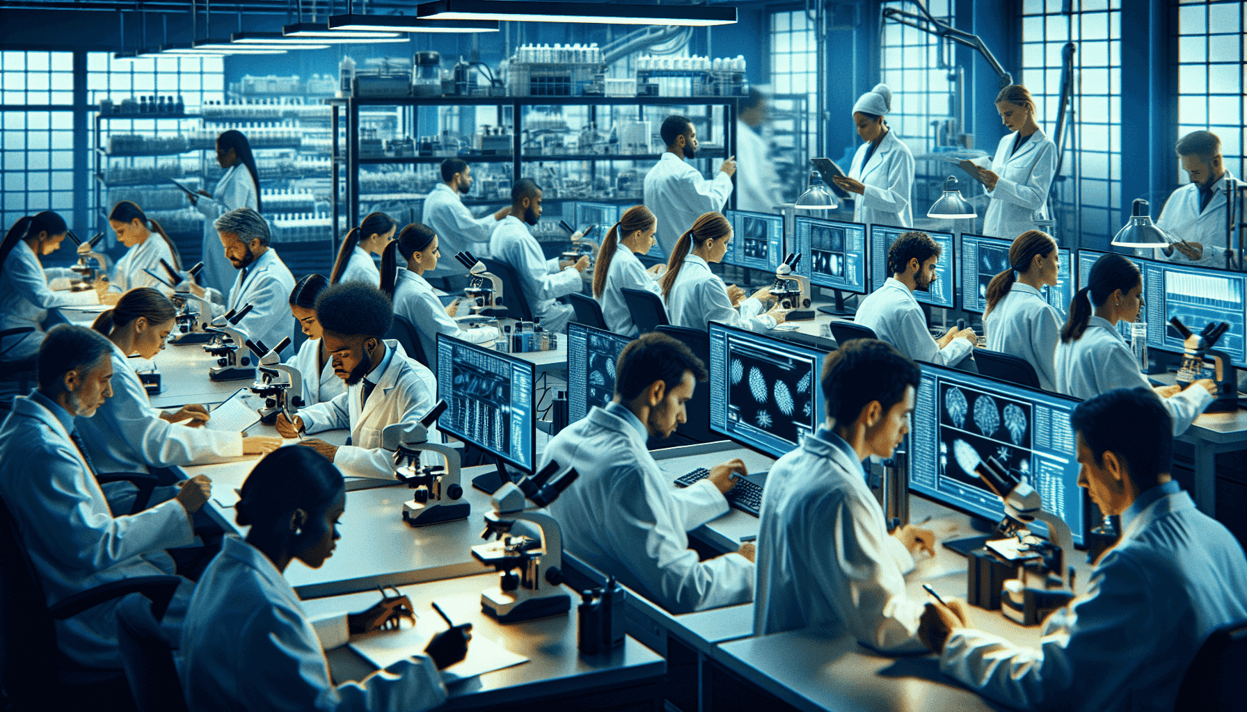 Moderné laboratórium s vedcami pracujúcimi na genetickom výskume hydiny