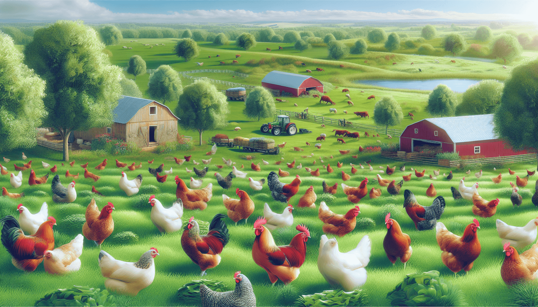 Udržateľná farma s voľne sa pohybujúcimi kurčatami na zelenej pastvine